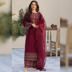 SR-2685 Lawn Unstitched Embroidered 3pc Suit With Organza Embroidered Cutwork Dupatta