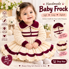 Handmade Baby Girls Crochet Frock – Cream & Maroon Knitted Dress with Stylish Collar