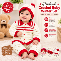 Handmade Crochet Baby Winter Set for Boys & Girls – 3 Piece Sweater, Pants & Pom-Pom Cap | Soft, Warm & Cozy Knitted Outfit