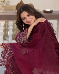 SR-2685 Lawn Unstitched Embroidered 3pc Suit With Organza Embroidered Cutwork Dupatta