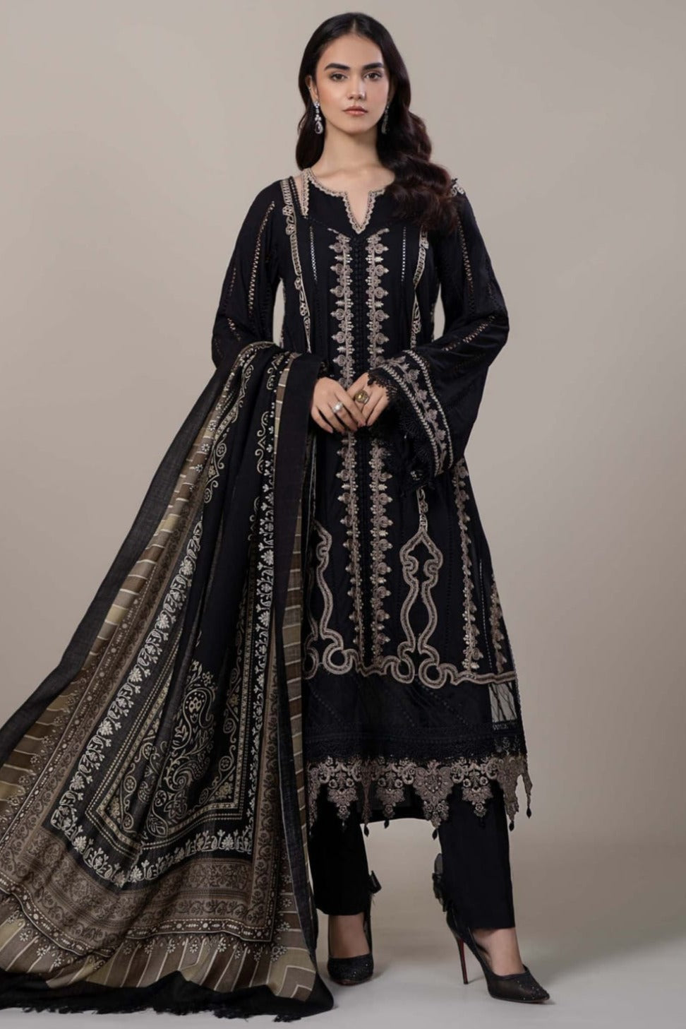 SR-49 Unstitched Embroidered Dhanak Suit With Embroidered Dhanak Shawl