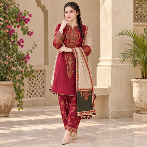 LF-JZ3100 Dhanak Unstitched Fully Embroidered 3pc Suit With Fully Embroidered Dhanak Shawl