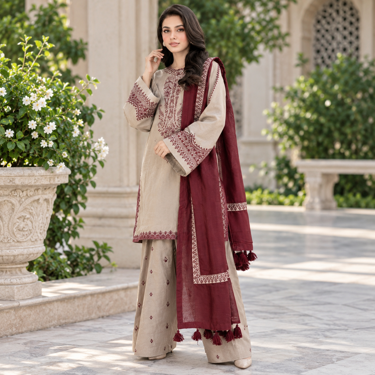 Highly Recommended LF-KD910 Unstitched Heavy Embroidered Dhanak Suit With Embroidered Dhanak Shawl