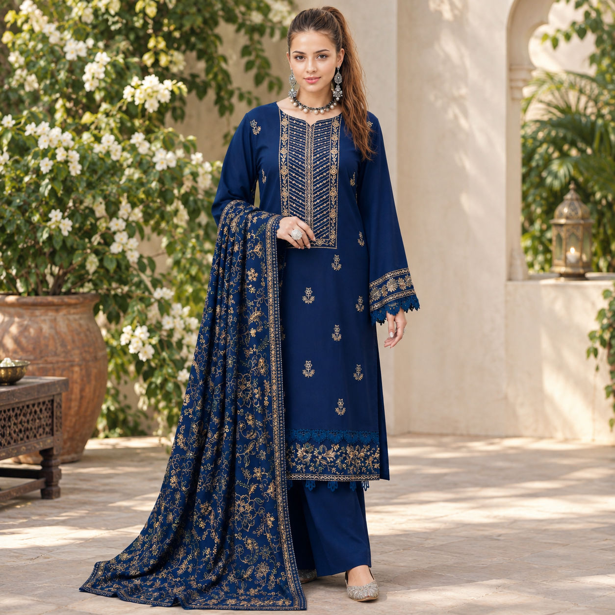 LF-MB605 Unstitched Embroidered Dhanak Wool Suit With Embroidered Dhanak Shawl