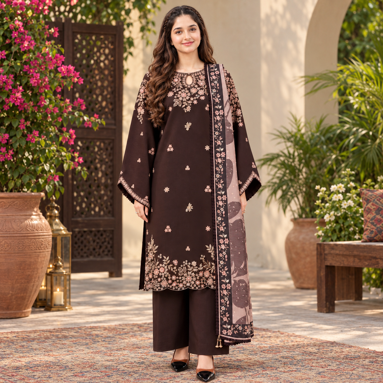 SR-BQ140 Dhanak Embroidered Suit With Digital Printed Wool Shawl
