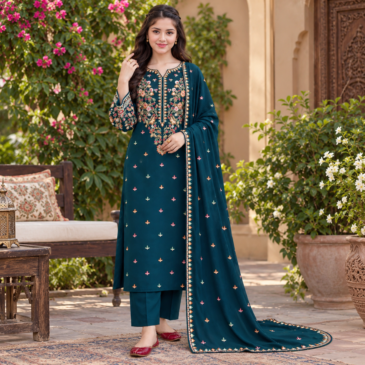 LF-D2900 HIGHLY RECOMMENDED (8.2 Meters) Unstitched Fully Embroidered Dhanak Suit With Embroidered Dhanak Shawl