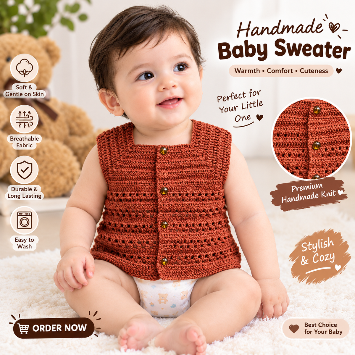 Handmade Baby Crochet Sweater Vest – Rust Brown Knitted Button-Front Waistcoat for Babies