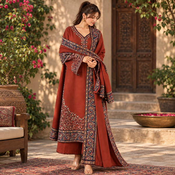 LF-BT2880(B) Unstitched Fully Embroidered Dhanak Suit With Embroidered Dhanak Shawl