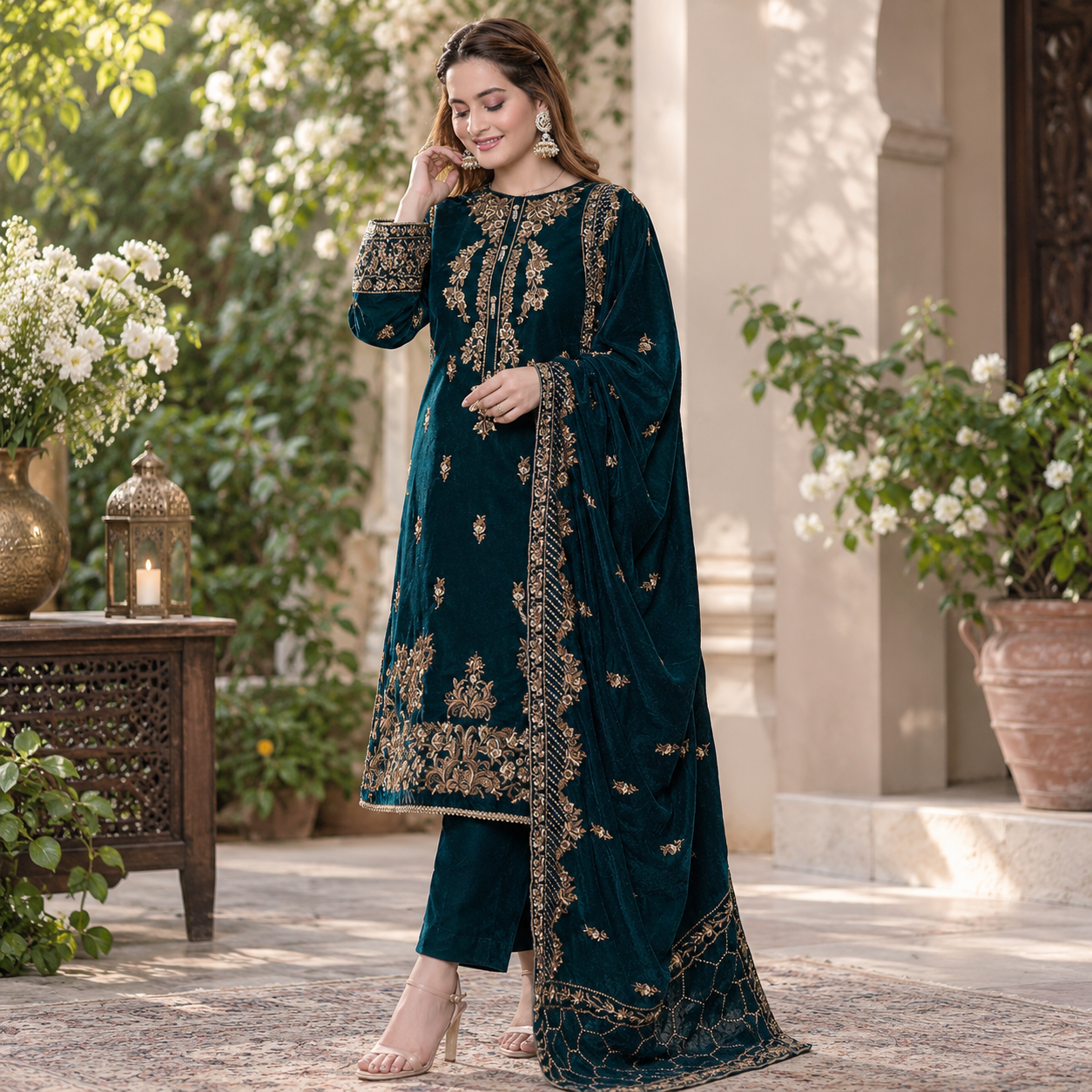 SR-1060 Sequence Embroidered Micro 9000 Gram Velvet 3Pc With Velvet Embroidered Shawl