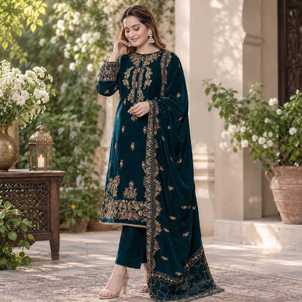 SR-1060 Sequence Embroidered Micro 9000 Gram Velvet 3Pc With Velvet Embroidered Shawl
