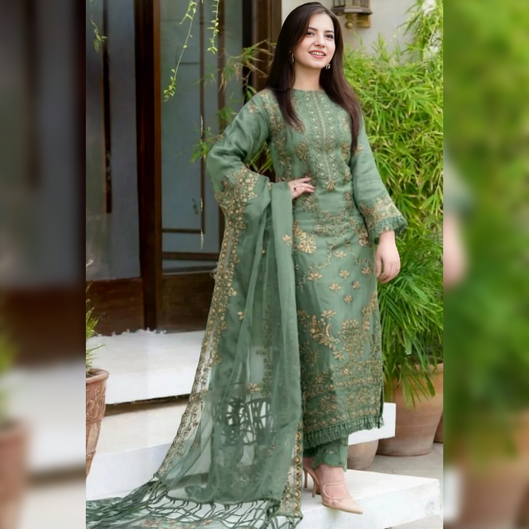 LF-SR1100 Sage Green Un-Stitched Lawn Embroidered 3pc With Organza Embroidered Dupatta