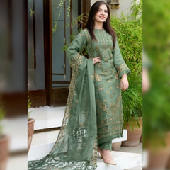 LF-SR1100 Sage Green Un-Stitched Lawn Embroidered 3pc With Organza Embroidered Dupatta
