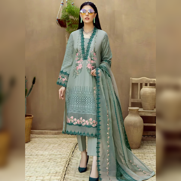 SR-LM16 Lawn Unstitched Embroidered 3pc Suit With Organza Embroidered Dupatta