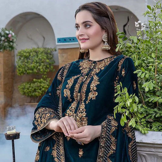 SR-1060 Sequence Embroidered Micro 9000 Gram Velvet 3Pc With Velvet Embroidered Shawl