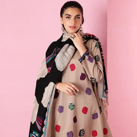 SR-2042 Unstitched Fully Embroided Dhanak Suit With Wool Shawl