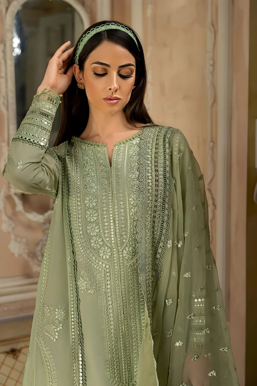 LF-SN60 3Pc Sequence Embroidered Lawn Suit With Sequence Embroidered Organza Dupatta