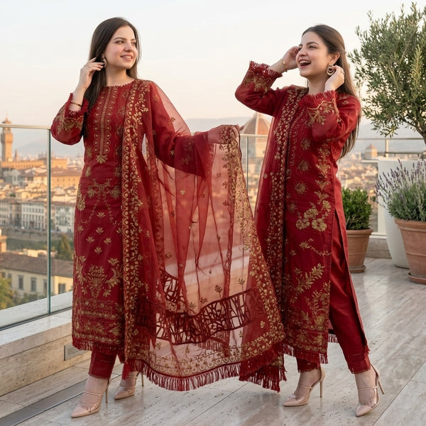 LF-1101 Un-Stitched Lawn Embroidered 3pc With Organza Embroidered Dupatta