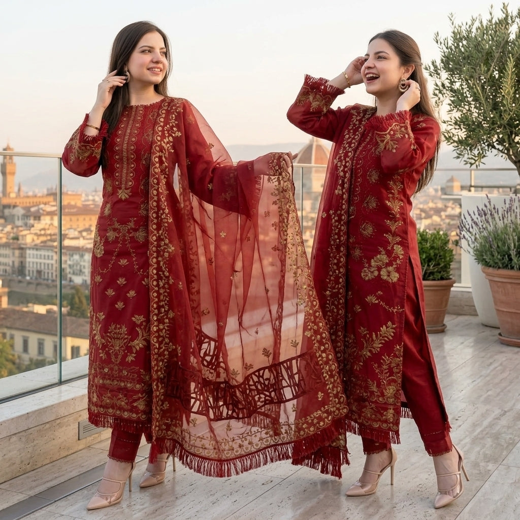 LF-1101 Un-Stitched Lawn Embroidered 3pc With Organza Embroidered Dupatta