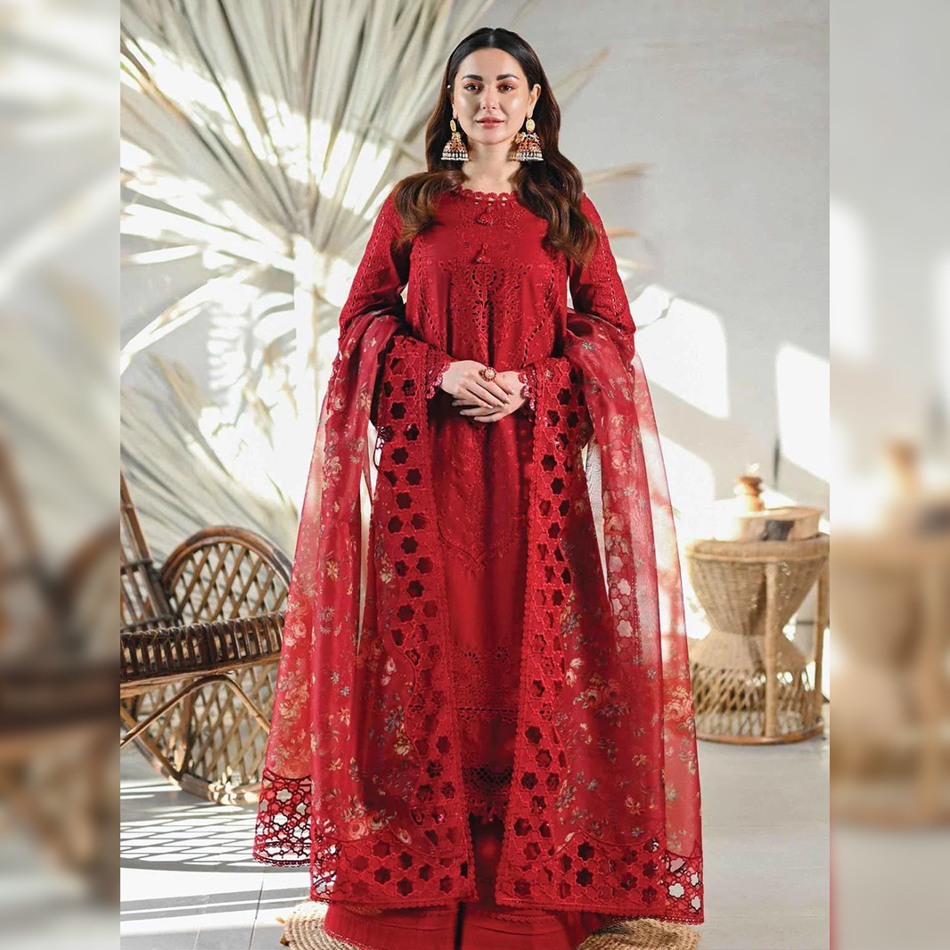 SR-2505 Unstitched Embroidered Lawn Suit With Embroidered Organza Cutwork Dupatta