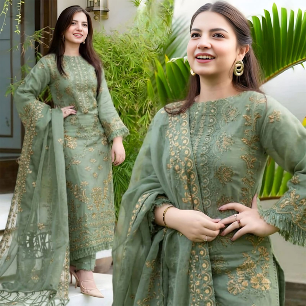 LF-SR1100 Sage Green Un-Stitched Lawn Embroidered 3pc With Organza Embroidered Dupatta