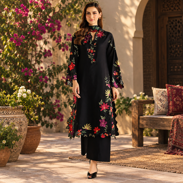 LF-IZ2955 Unstitched Fully Embroidered Dhanak Chikenkari Suit With Digital Printed Diamond Wool Shawl