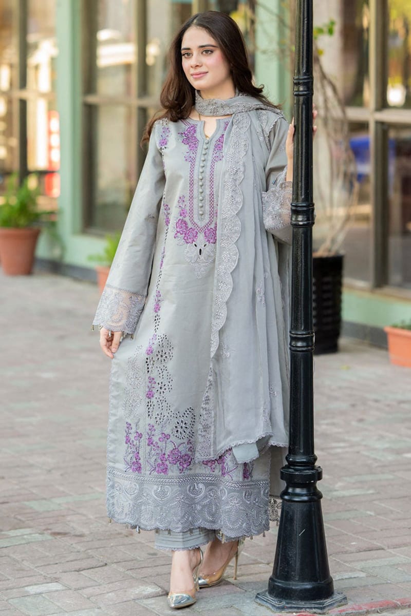 LF-842 Chikenkari Embroidered Lawn Suit 3pc With Embroidered Chiffon Dupatta