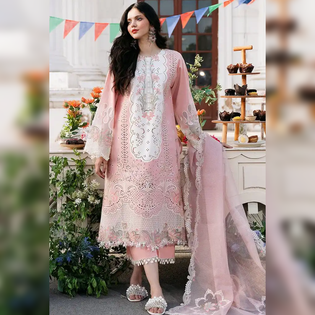 SR-2585 Lawn Unstitched Embroidered 3pc Suit With Organza Embroidered Dupatta