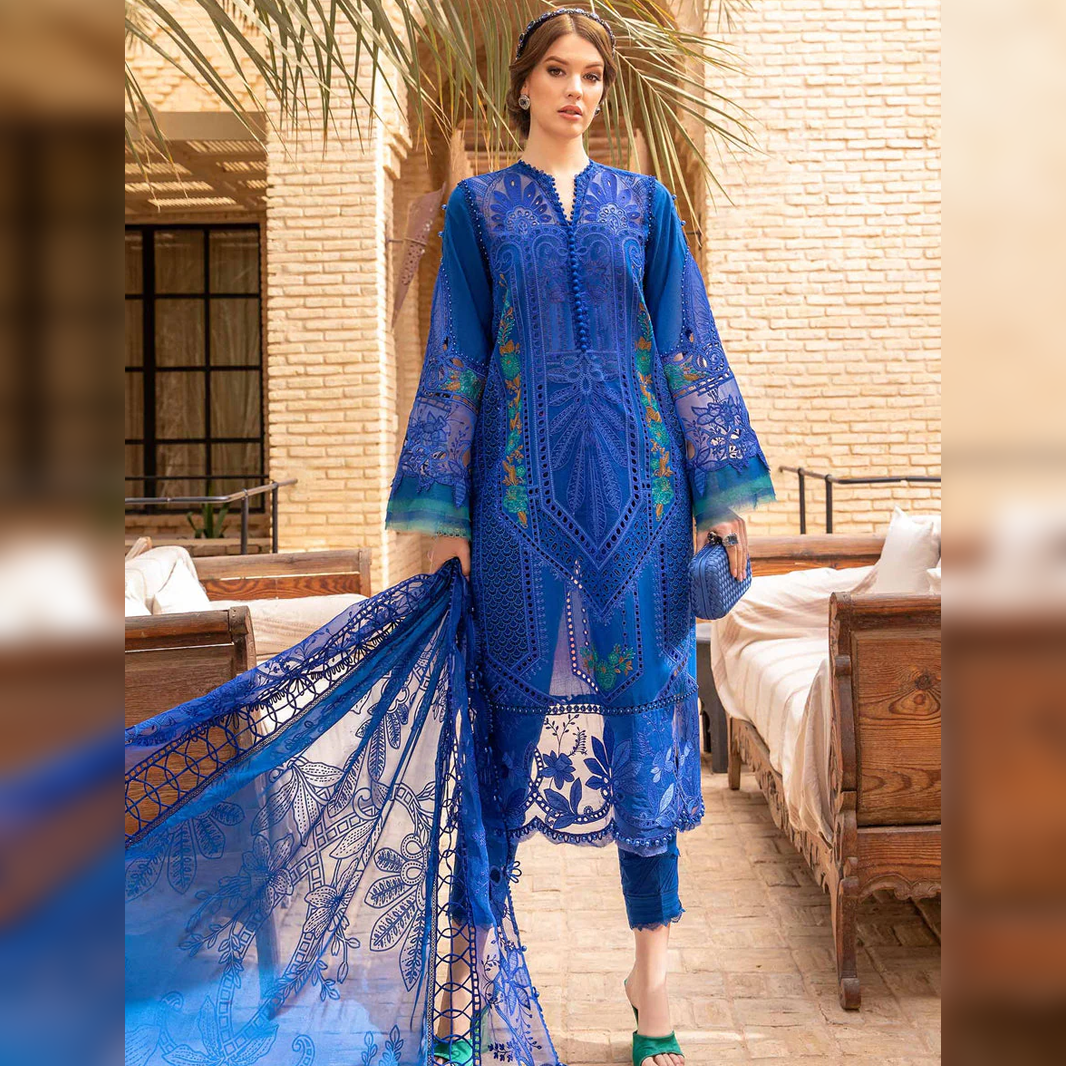 SR-2590 Lawn Unstitched Embroidered 3pc Suit With Organza Embroidered Dupatta