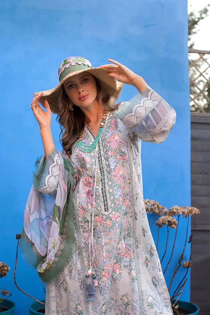 3pc Unstitched Digital Printed Lawn Suit With Silk Digital Printed Dupatta & Embroidered Laces