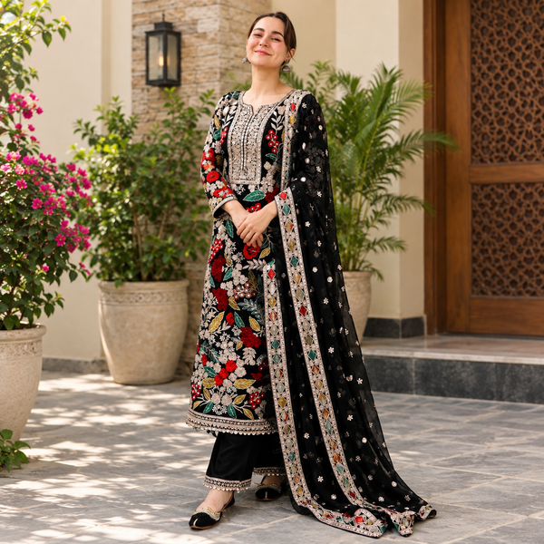 LF-RR2935 Dhanak 3Pc Suit Fully Embroided With Tilla & Thread Work With Fully Embroided Chiffon Dupatta