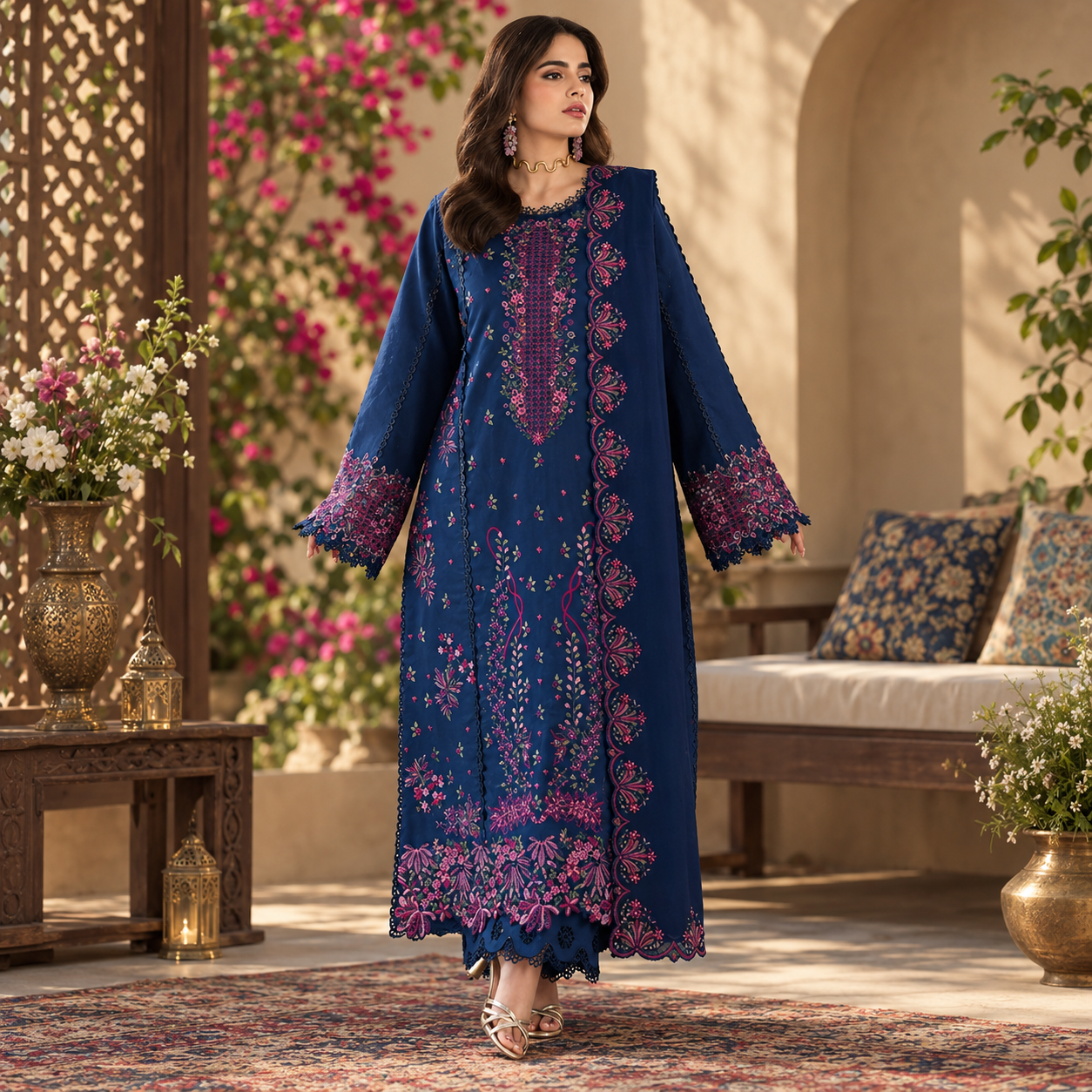 LF-RR2930 Dhanak Unstitched Fully Embroided Chikenkari 3pc Suit With Fully Embroided Dhanak Shawl