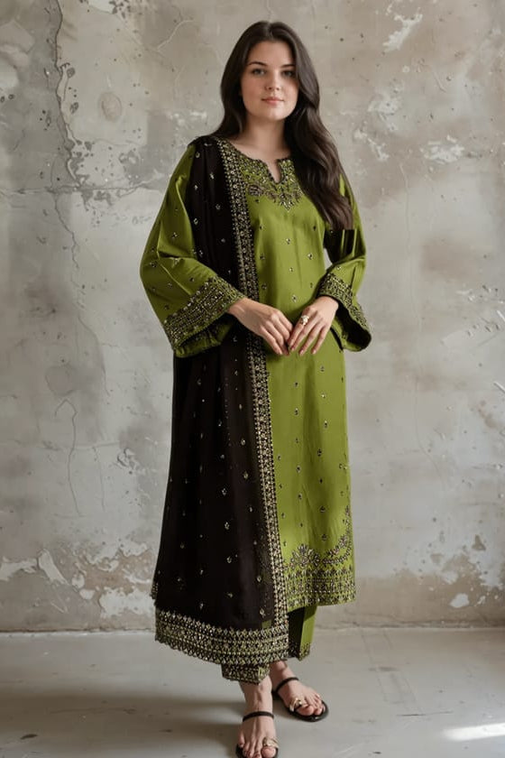 SR-89333 Lawn Embroidered 3pc Suit With Bamber Chiffon Embroidered Dupatta