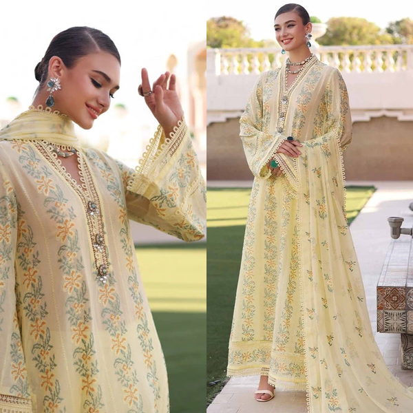SR-801 Lawn Embroidered 3pc Suit With Embroidered Bamber Chiffon Dupatta