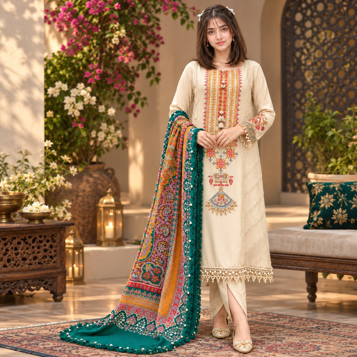 LF-RM670 Dhanak Embroidered Suit With Digital Printed Wool Shawl