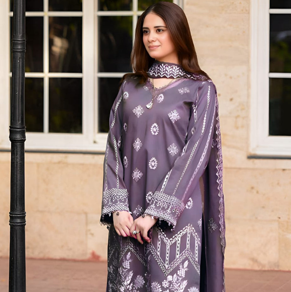 SR-NS915 Unstitched Fully Embroidered Lawn Suit With Bamber Embroidered Dupatta