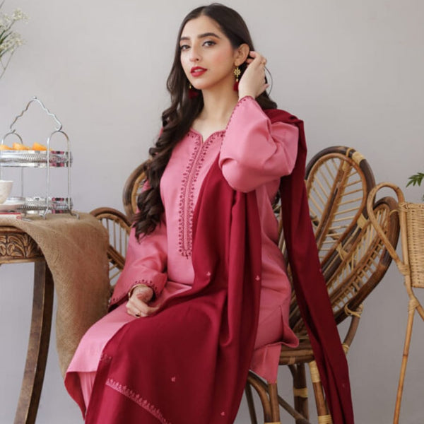 SR-AS15 Unstitched Fully Embroidered Dhanak Suit With Dhanak Shawl