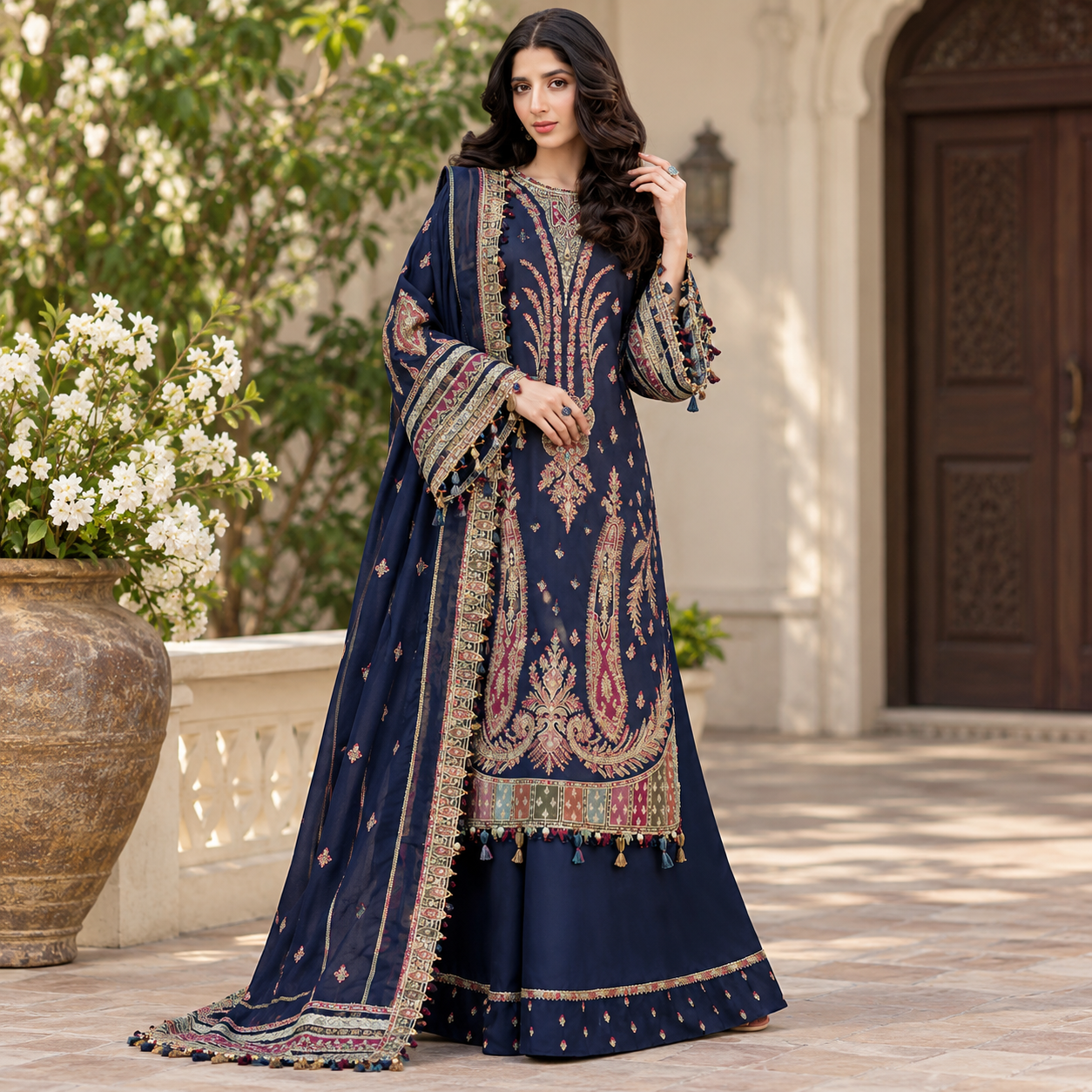 LF-JZ2990 Unstitched Fully Embroidered Dhanak Suit With 4 Sided Fully Embroidered Chiffon Dupatta