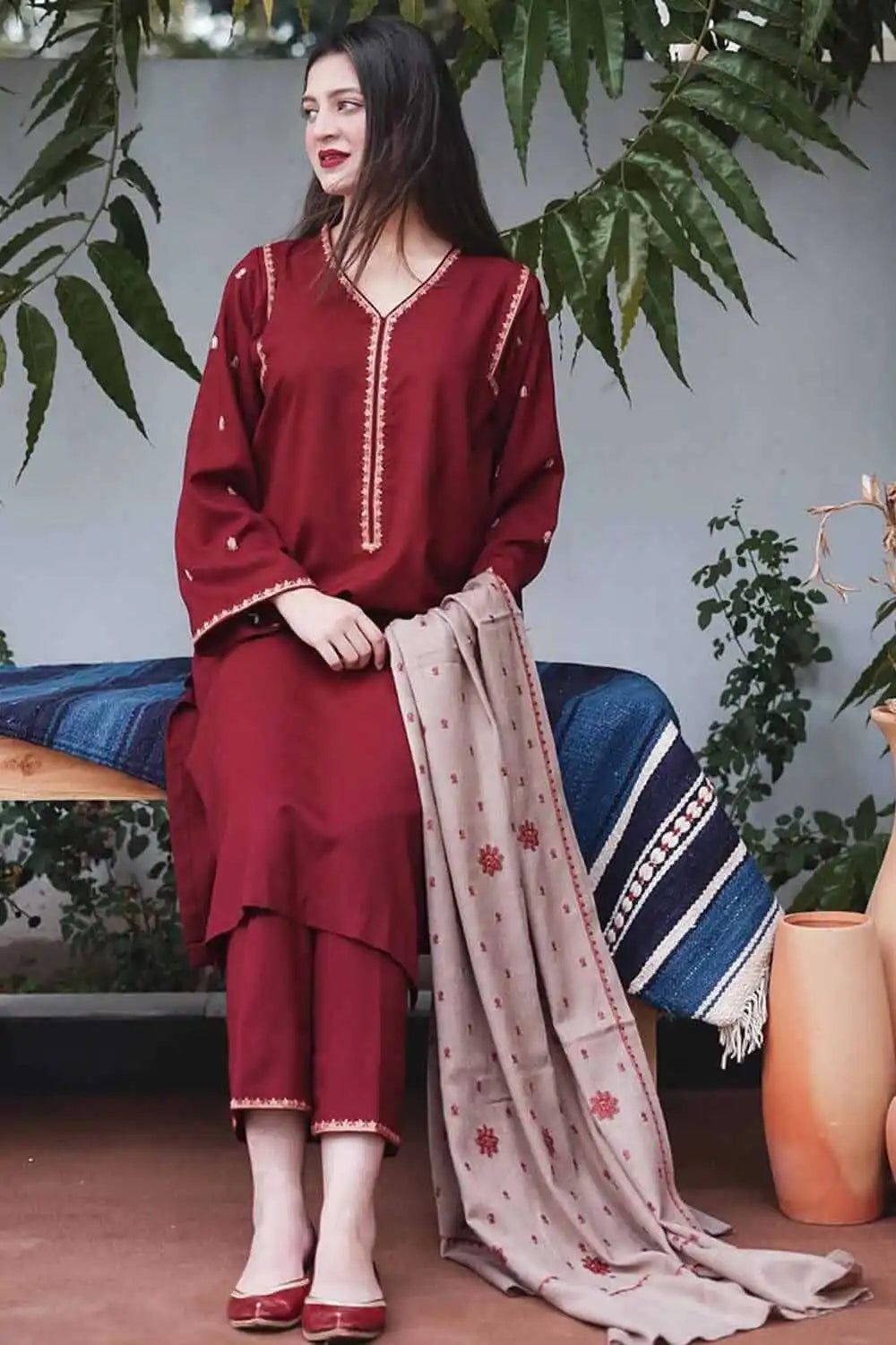 SR-BR1110 Unstitched Heavy Embroidered Dhanak Suit Embroidered Dhanak Shawl