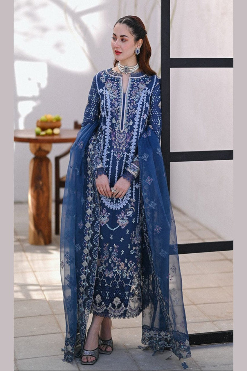 SR-SP2545 Unstitched Embroidered Lawn 3pc Suit With Organza Embroidered Dupatta