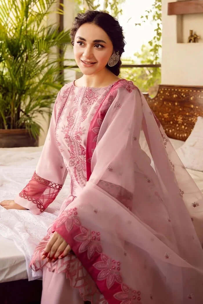 LF-RA46 Embroidered Unstitched Lawn 3Pc Suit With Organza Embroidered Dupatta