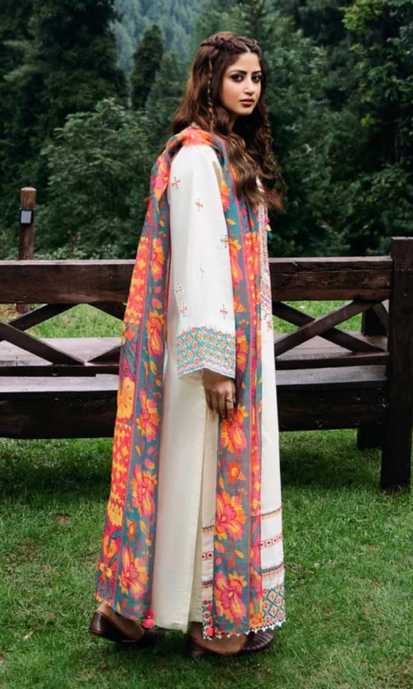 LF-SP2575 Unstitched Fully Embroidered Lawn Suit With Digital Printed Monar Dupatta