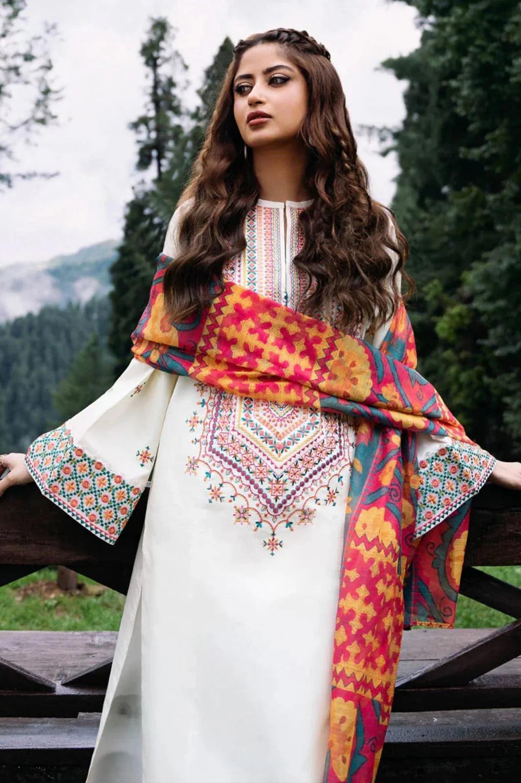 LF-SP2575 Unstitched Fully Embroidered Lawn Suit With Digital Printed Monar Dupatta