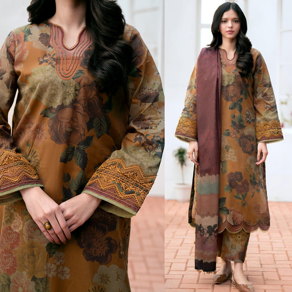 SR-BQ01 Digital Printed Lawn Suit 3pc with Lawn Digital Printed Dupatta & Embroidered Patches