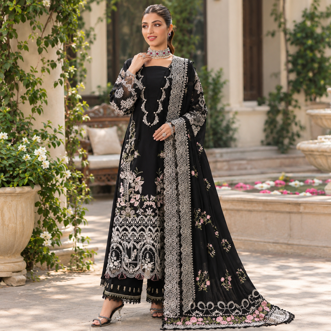 LF-KF06 Highly Recommended (8 meters) Unstitched Fully Embroidered Dhanak Suit With 4 Sided Embroidered Dhanak Shawl