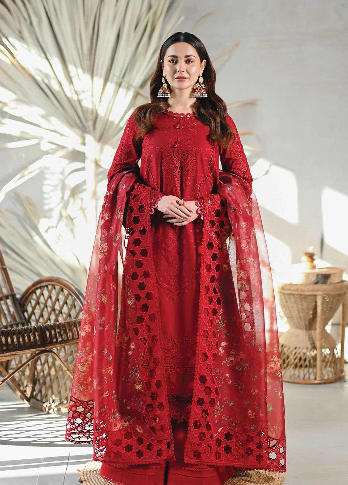 SR-2505 Unstitched Embroidered Lawn Suit With Embroidered Organza Cutwork Dupatta