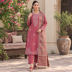 LF-IZ3070 Dhanak Unstitched Chikenkari Embroidered 3pc Suit With Digital Printed Diamond Wool Shawl