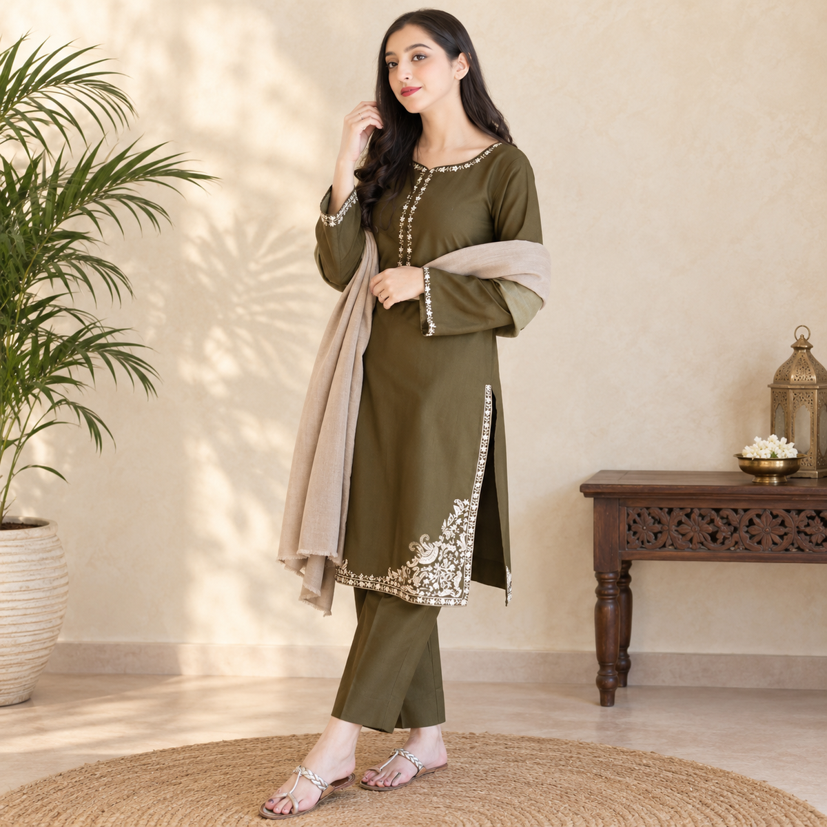 LF-AS10 Unstitched Embroidered Dhanak Suit With Dyed Dhanak Shawl