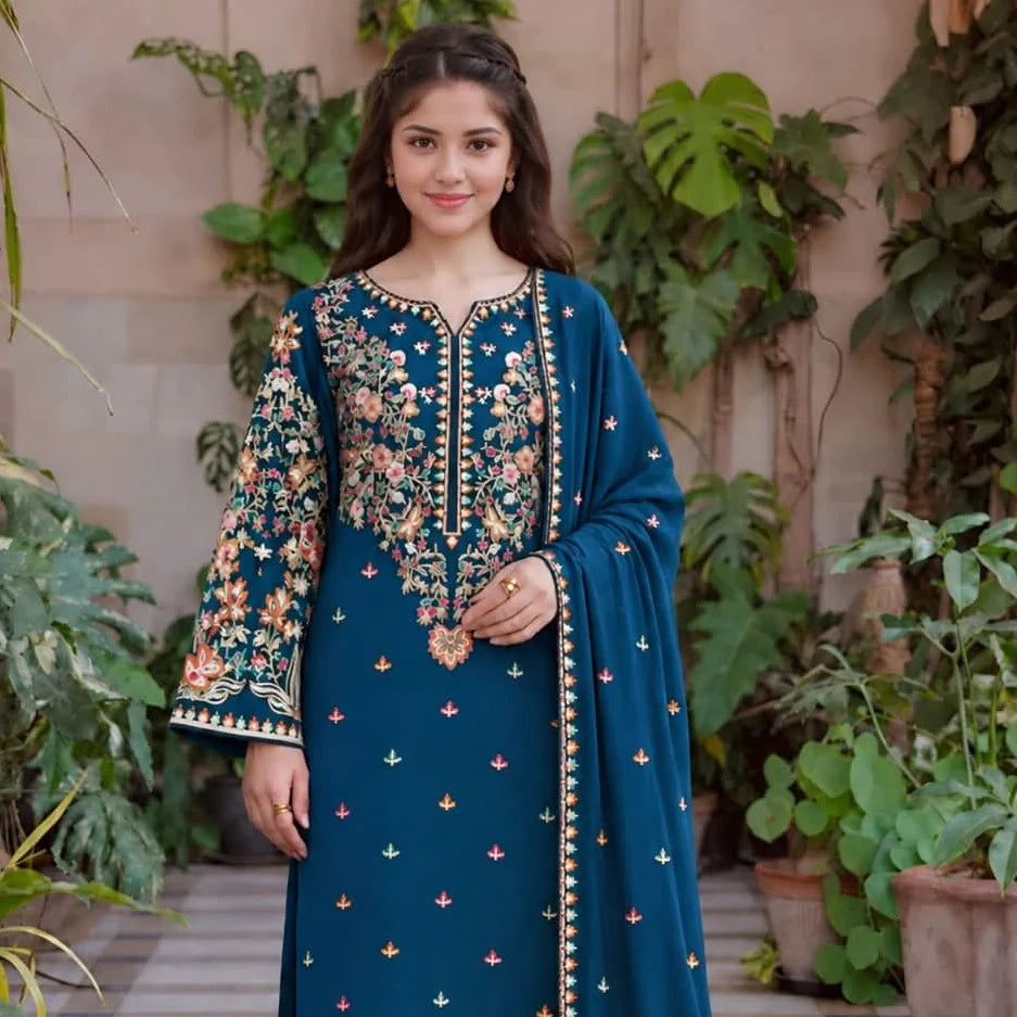 LF-D3100 (Teal) HIGHLY RECOMMENDED (8.2 Meters) Unstitched Fully Embroidered Dhanak Suit With Embroidered Dhanak Shawl