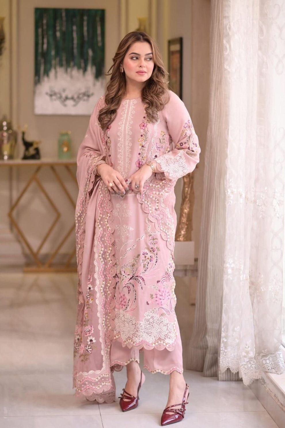 LF-AS2735 Lawn Unstitched Embroidered 3pc Suit With Lawn Embroidered Dupatta