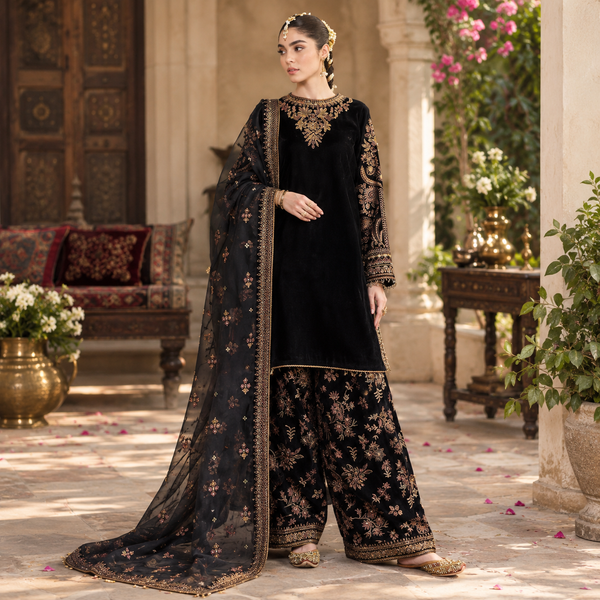 SR-804 Sequence Embroidered 9000 Micro Velvet 3Pc With Organza Embroidered Dupatta